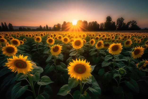 Golden field of sunflowers in the setting sun generative IA