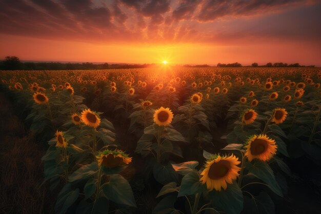 Golden field of sunflowers under the setting sun generative IA