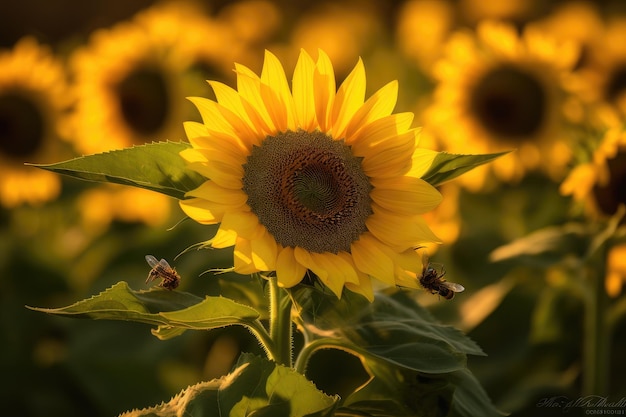 Golden field of sunflowers under the sun generative IA