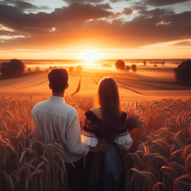 Golden field wheat couple in love sunset