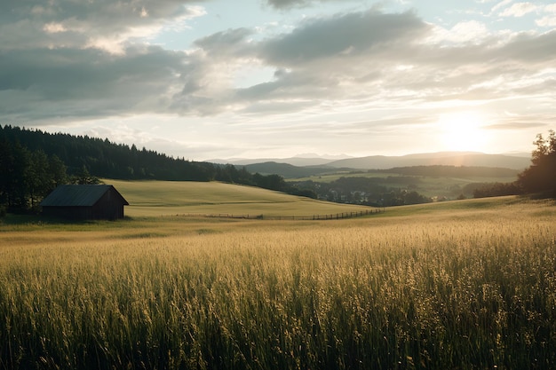 Photo golden fields glow under a peaceful sunset in a rural landscape generative ai