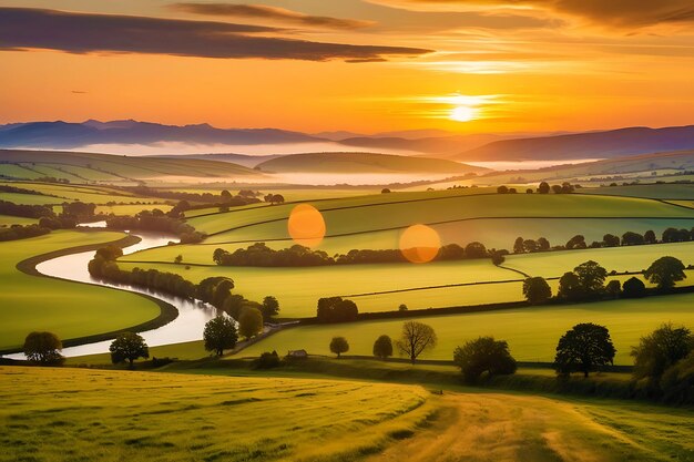 Photo golden fields and serene river at sunset in rolling countryside