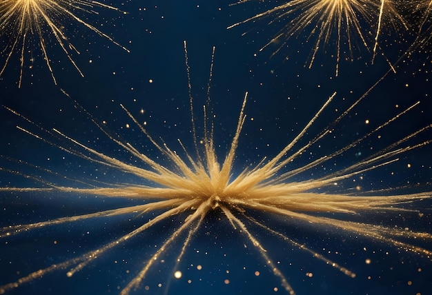 Golden Fireworks Explosions on Dark Blue Background with Copy Space Christmas feeling Gold