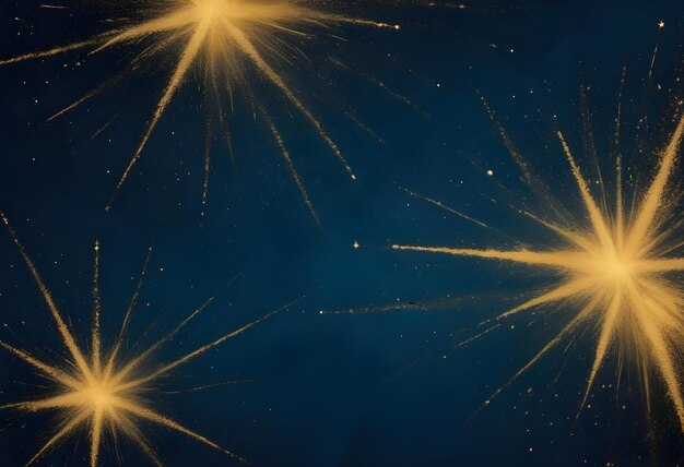 Golden Fireworks Explosions on Dark Blue Background with Copy Space Christmas feeling Gold