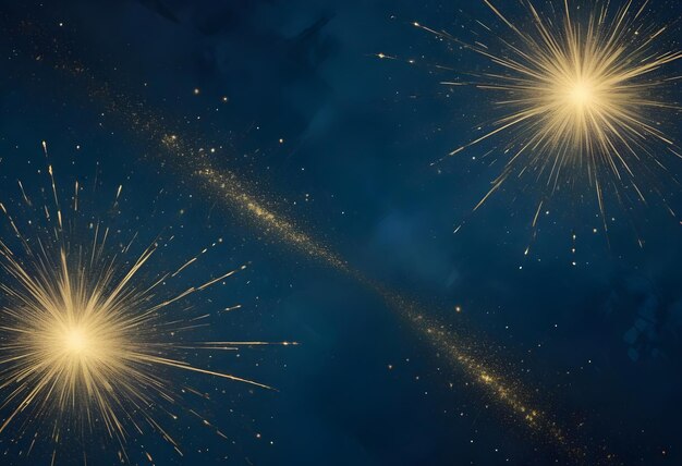 Golden Fireworks Explosions on Dark Blue Background with Copy Space