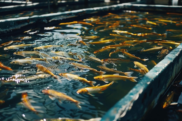 Golden fish dart and glide through the tranquil water of a fish farm under bright sunlight thriving in their aquatic habitat