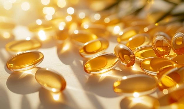 Golden fish oil capsules on a bright surface with soft sunlight health supplement concept