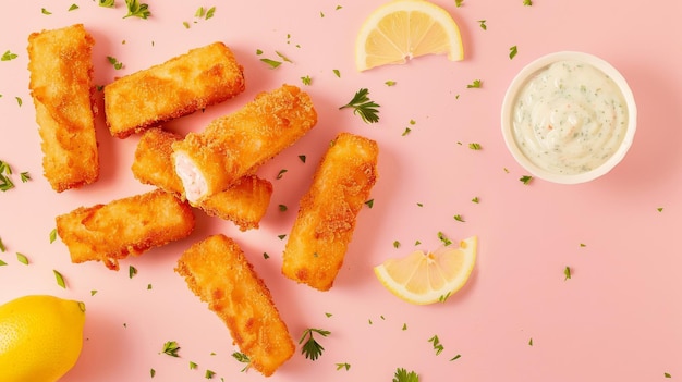 Photo golden fish sticks on a pink background with lemon slices tartar sauce and a sprinkle of parsley creating a vibrant and appetizing scene