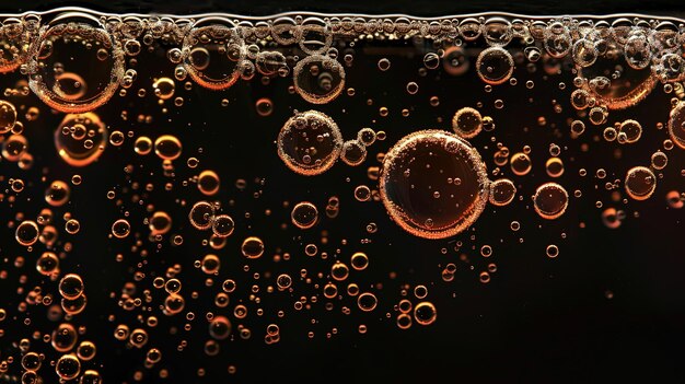 Golden fizz a mesmerizing dance of glowing bubbles rising in a dark liquid