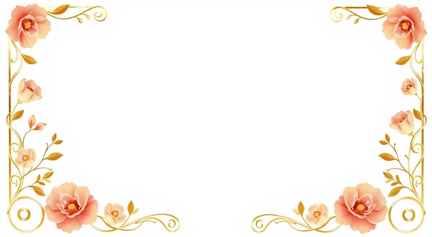 Golden floral frame with pink flowers and leaves on a white background