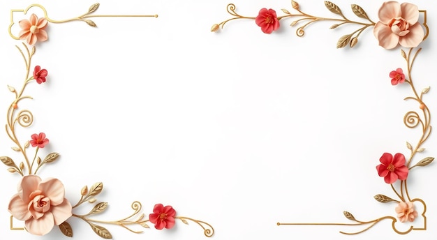 Golden floral frame with pink and red flowers on white background