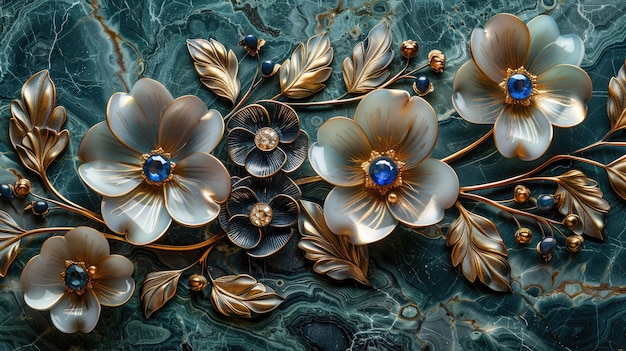 Golden Floral Inlay on Marble with Sapphire Gemstones