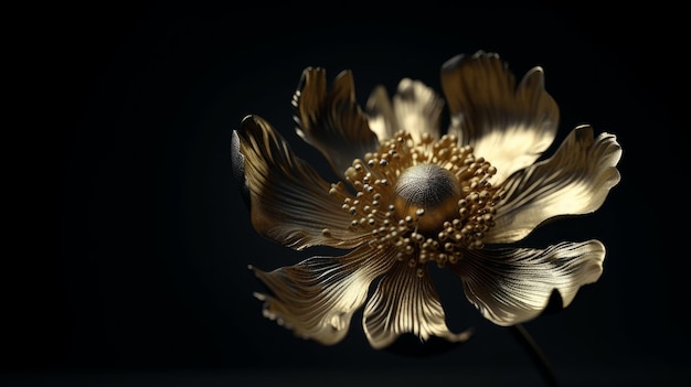 Golden flower on dark background Natural botany floral Design of realistic voluminous metal gold