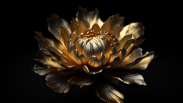 Golden flower on dark background Natural botany floral Design of realistic voluminous metal gold