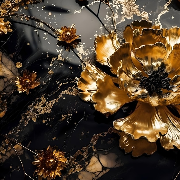 Golden flowers on black marble background with gold splashes closeup