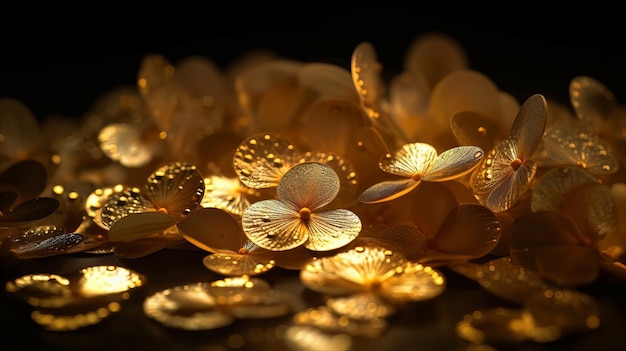 Golden flowers scattered on a black background glowing Generative AI