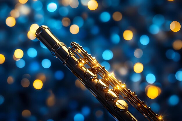 Photo golden flute closeup with bokeh lights in blue and yellow background