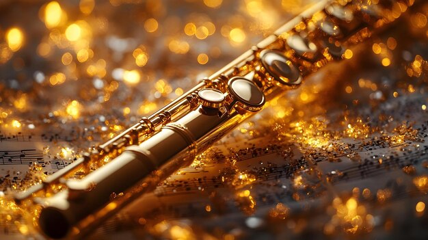 Photo golden flute on music sheet with bokeh lights illustration