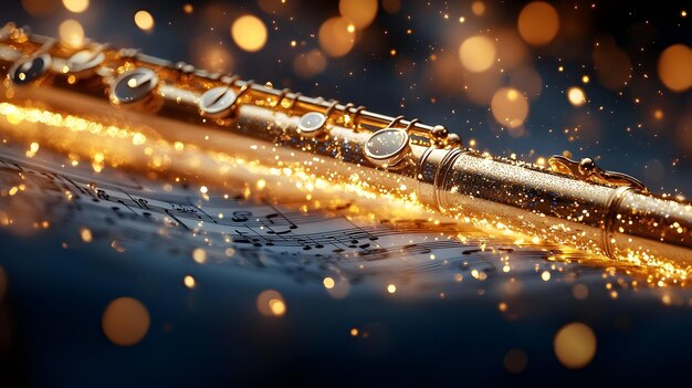 Golden Flute on Music Sheet with Sparkles Illustration