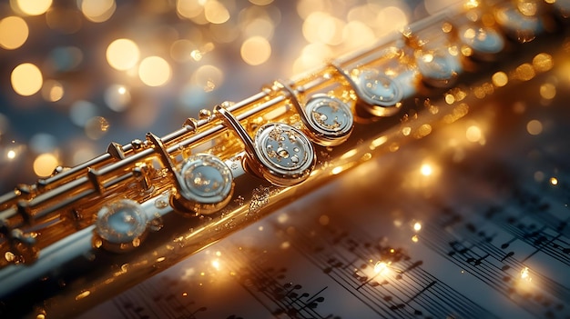 Golden Flute on Sheet Music with Bokeh Lights Illustration