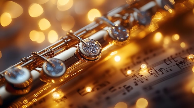 Photo golden flute with sparkling details on sheet music with bokeh lights closeup photography