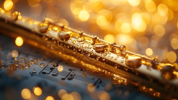 Photo golden flute with water drops on sheet music closeup illustration