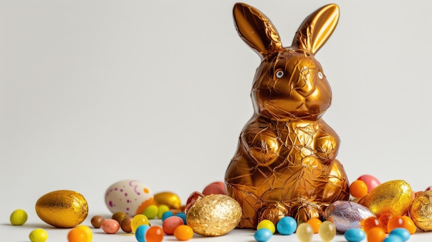 Golden FoilWrapped Chocolate Bunny Amongst Colorful Easter Eggs