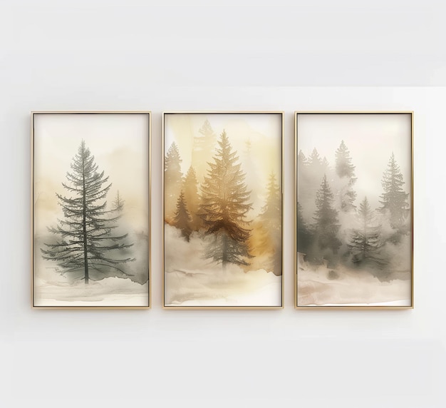 Golden Forest Triptych Misty Pine Trees in a Serene Landscape