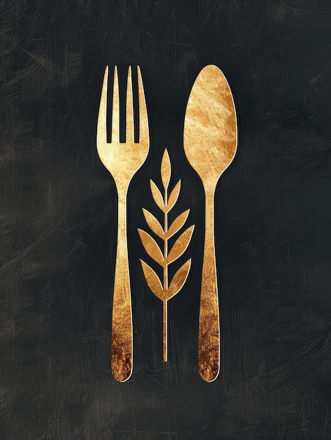 Photo golden fork spoon and wheat on a dark background