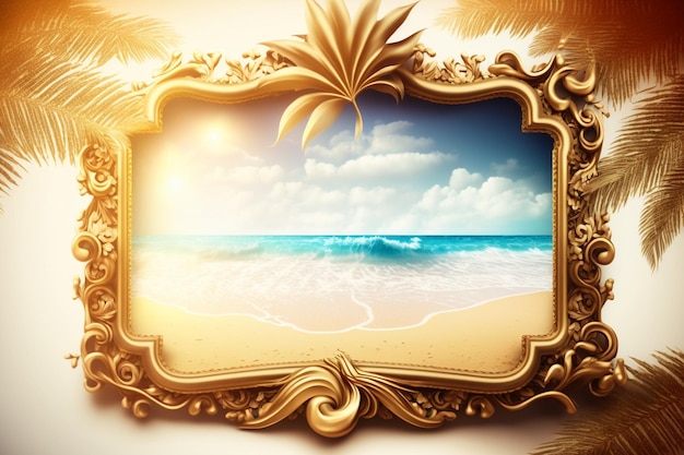 Golden frame on the beach with the sea and sky in the background