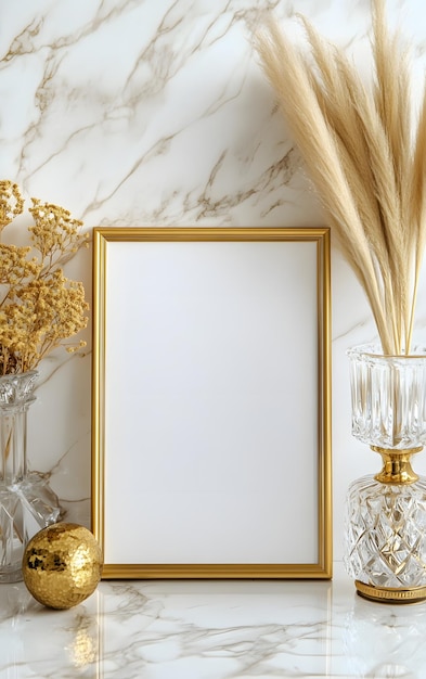 Photo golden frame on marble background