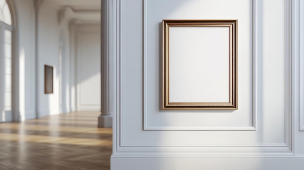 Photo golden frame mockup in a sunlit gallery hallway