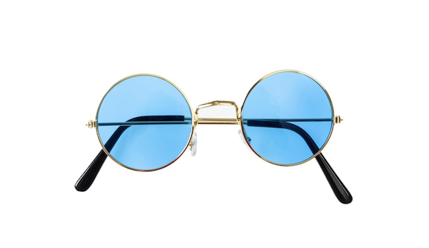 Golden frame sunglasses with blue lens isolated on white background top view