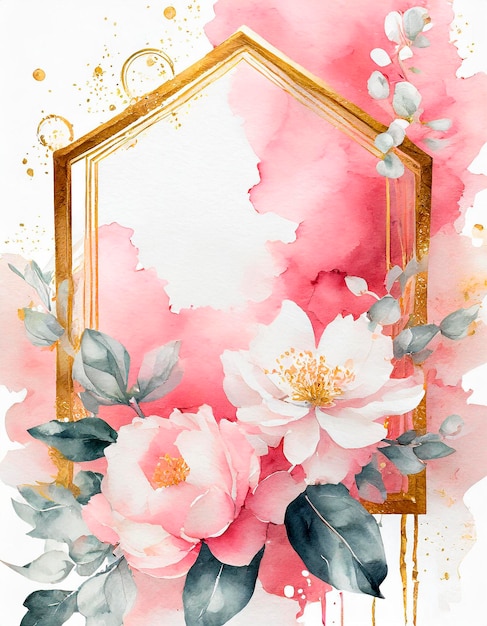 Photo golden frame with pink flowers on a white background wedding invitation template