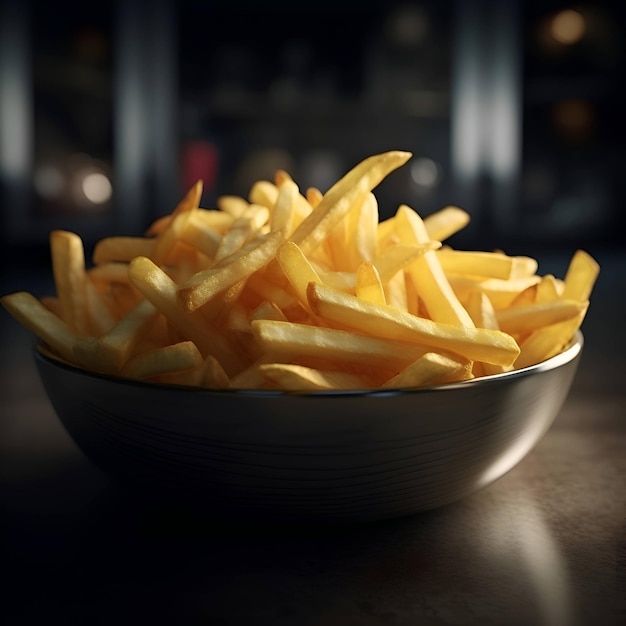 Golden French fries in a bowl on a dark background Selective focus