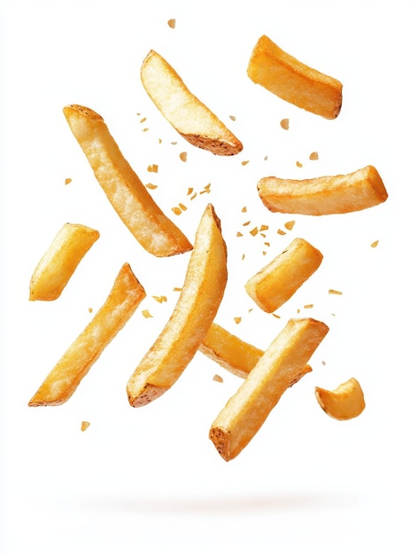 Photo golden french fries falling in midair isolated on a clean white background