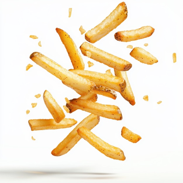 Photo golden french fries falling in midair isolated on a clean white background