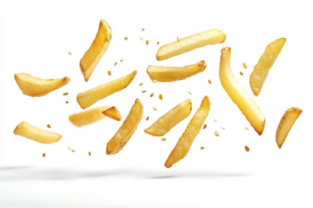 Photo golden french fries falling in midair isolated on a clean white background