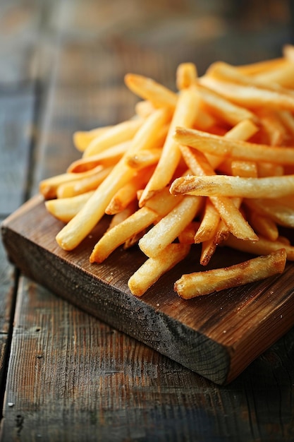 Golden french fries piled high on a wooden board