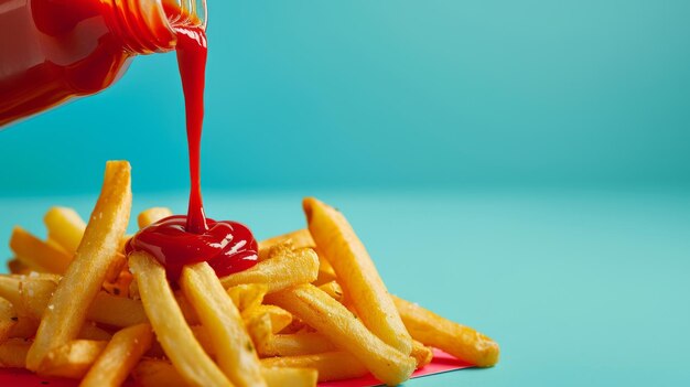 Photo golden french fries on a red tray being drizzled with bright red ketchup against a vibrant turquoise background capturing a delicious moment