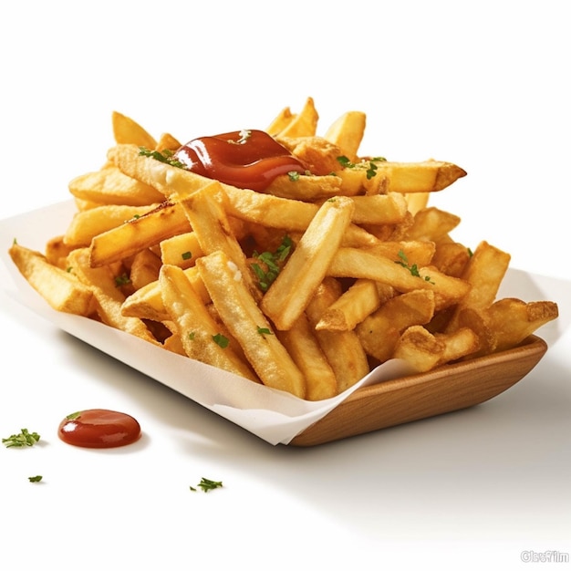 Golden French Fries with Ketchup and Parsley on White Background