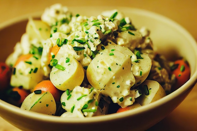 Golden fresh potato salad with green onions on plate