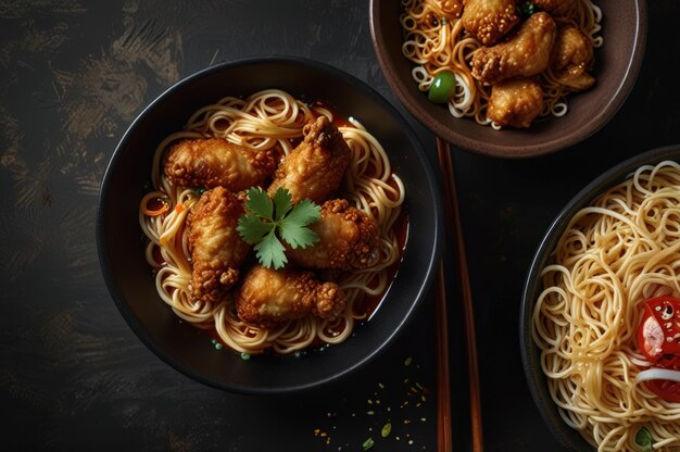 Golden Fried Chicken and Hot Noodles Combination image Generative Ai