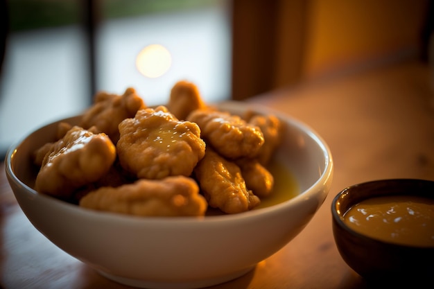 Golden fried chicken nuggets in a bowl with sauce