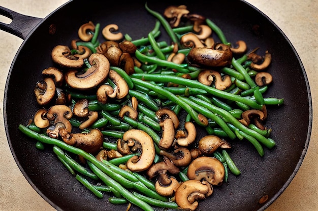 Golden fried mushrooms in frying pan with green asparagus and melted butter