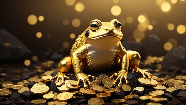 A golden frog is sitting on a pile of gold coins with a smaller golden frog sitting on top of the l