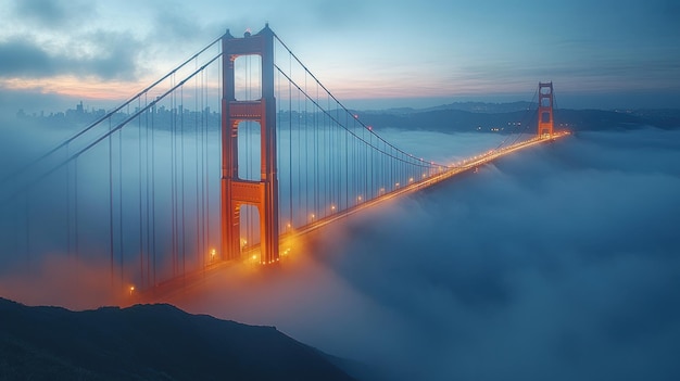 Golden Gate Bridge emerging from fog at sunrise