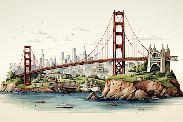 Golden Gate Bridge in San Francisco or Brooklyn bridge USA The big red suspension bridge across the Strait in America Generative AI