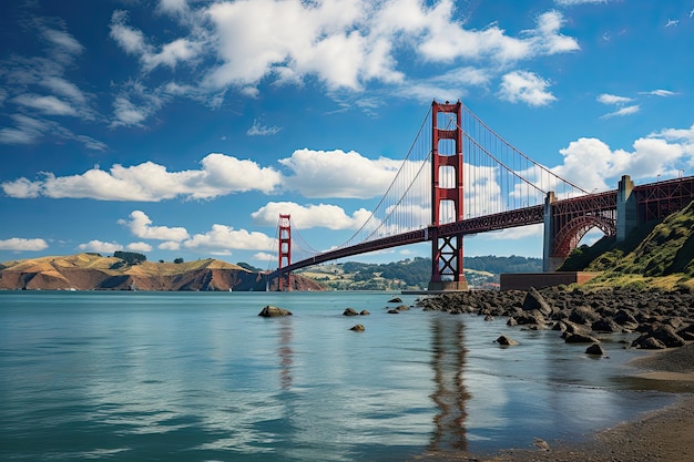 Golden Gate Bridge in San Francisco or Brooklyn bridge USA The big red suspension bridge across the Strait in America Generative AI