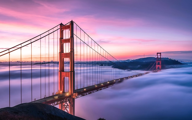 Golden Gate at dawn surrounded by fog